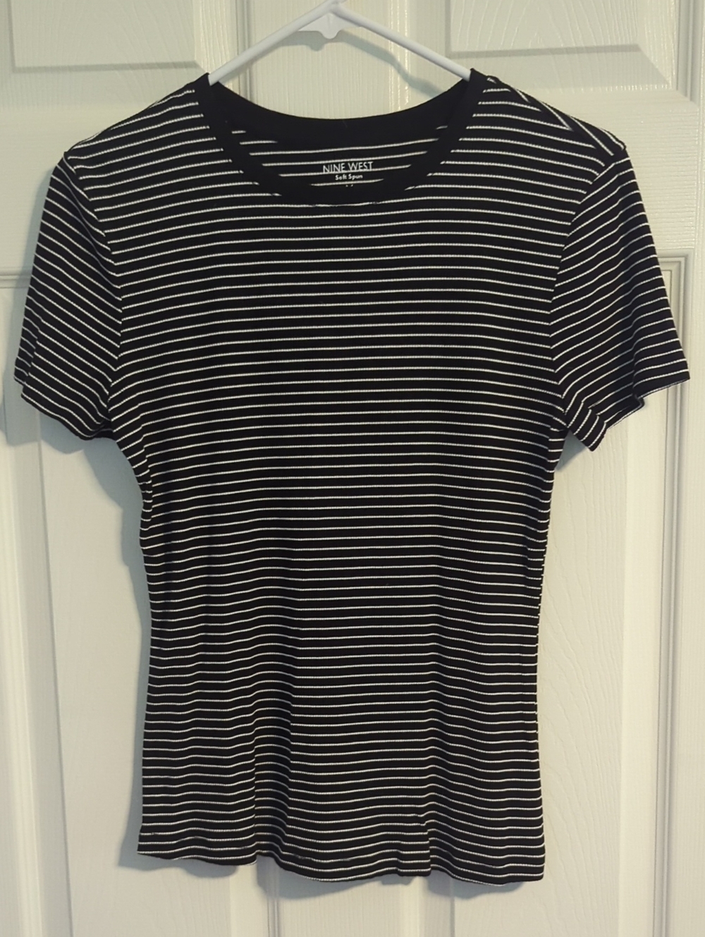 Nine West Black & White Striped Crewneck Short Sleeve Tee